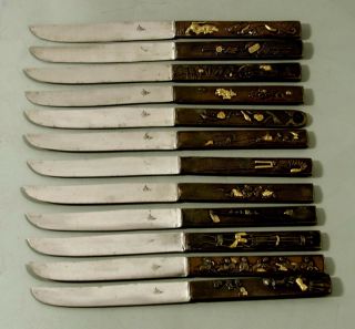 Japanese Silver & Mixed Metal Knives (12) Meiji - Signed - In Case 4