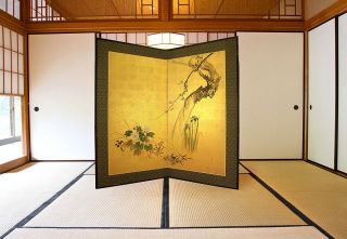 掛軸1967 Folding Screen : Kawabata Gyokuso " Gold - Leaf Ume,  Iris And Hibiscus " @by11