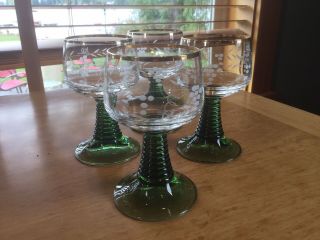 3 Perfect German Beehive Green Stemmed Roemer Etched Wine Glasses W/gold Rim