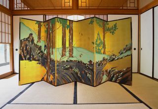 掛軸1967 Folding Screen / Byobu : Suzuki Kiitsu " Gold - Leaf Stream Scenery " @by10
