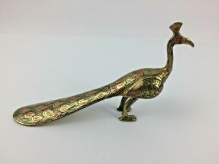 Vintage Brass Peacock Shoehorn Jeweled Eyes 6 "