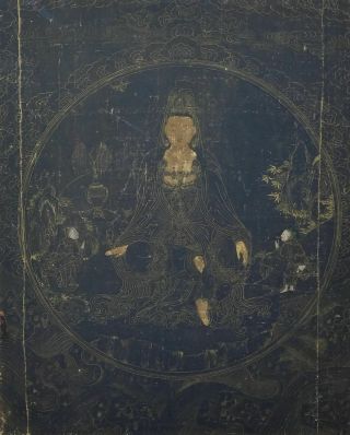 Antique Sino Tibetan Chinese 18th Black Ground Thangka Buddhist Painting Gilt