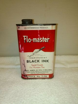 Vintage Flo - Master Black Ink 16 Oz.  Can Rare 1950 Esterbrook Pen Co Cherry Hill