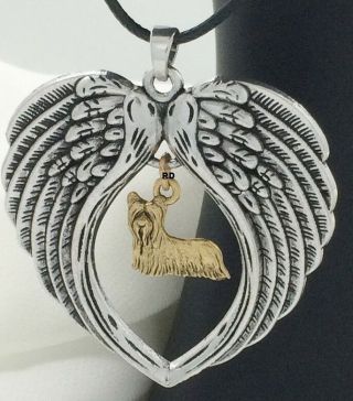 Yorkshire Terrier Gold Tone Yorkie Dog Charm Angel Wings Memory Necklace