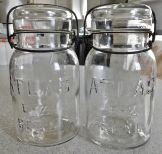 2 - Vintage Atlas E - Z Seal Quart Glass Canning Mason Jars Wire Bail Glass Lids
