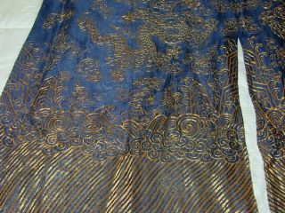Antique Chinese Dk Blue Silk Gauze 9 Gold Couched Dragons Robe 10