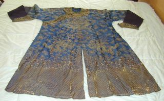 Antique Chinese Dk Blue Silk Gauze 9 Gold Couched Dragons Robe 12
