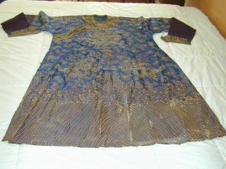 Antique Chinese Dk Blue Silk Gauze 9 Gold Couched Dragons Robe