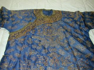 Antique Chinese Dk Blue Silk Gauze 9 Gold Couched Dragons Robe 2