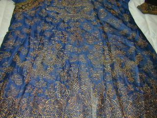 Antique Chinese Dk Blue Silk Gauze 9 Gold Couched Dragons Robe 3