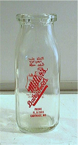 Vintage Miller`s Dairy Foods Carthage,  Mo.  (missouri) Half Pint Acl Milk Bottle