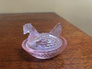 Vintage Pale Pink Glass Miniature Chicken Hen On Nest Salt