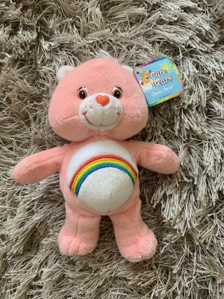 Care Bears Cheer Pink Teddy Beanie Plush 8 Inch 2002 - Tag Rainbow