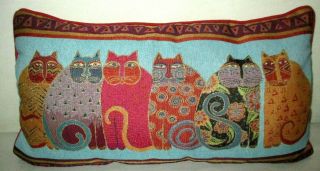 Laurel Burch 6 Folk Art Cats Tapestry Throw Pillow 22” X 12.  5”