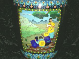 Antique Chinese Cloisonne Gilt Bronze 2 Panel Scholar Teacher Storyteller Vase 4