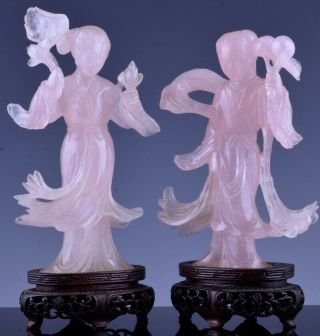 2 Finely Carved Antique Chinese Rose Quartz Attendants W Lotus Peaches Figures