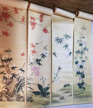 Rare Antique Chinese Hand - Painted Wallpaper Six Panels Flowers