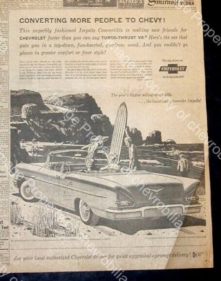 1958 Chevrolet Impala Convertible 13x17 " Newspaper Ad 58 Bel Air 348