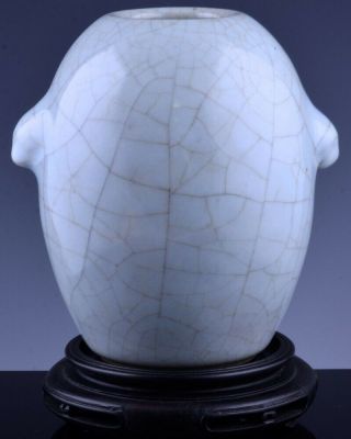 Fine 18/19thc Chinese Light Blue Gu Crackle Glazed Handled Vase W Stand