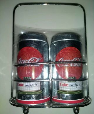 Coca - Cola Tin Salt And Pepper Shakers With Caddy Holder,  Coke
