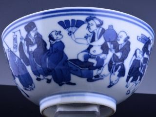 FINELY DETAILED 19THC CHINESE BLUE WHITE SCHOLAR MERCHANTS LANDSCAPE BOWL MARKED 2