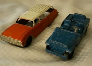 Tootsietoy 1/4 Ton M38 Army Jeep In Blue & 1964 Ford Station Wagon Red & White