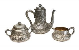 Extraordinary Dominick & Haff Sterling Silver 3pc Tea Service,  1880.  Repousse