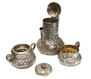 Extraordinary Dominick & Haff Sterling Silver 3pc Tea Service,  1880.  Repousse 2