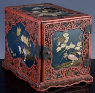 Fine19thc Japanese Meiji Cinnabar Shibayama Lacquer Inlaid Chest Jewelry Cabinet