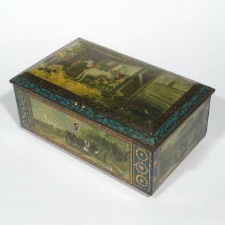 Vintage French Footed Candy Tin Box,  Horses,  Foal,  Stable,  Carts