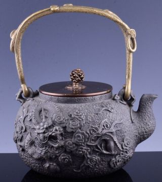 Fine Quality Japanese Iron & Bronze Dragon Figural Tetsubin Handled Teapot Marks