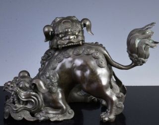 Great C1900 Japanese Bronze Playing Buddhist Buddha Fu Lion Figures Censer Vase
