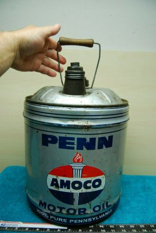 Vintage Amoco Penn Motor Oil 5 Gal Tin Can American Gas / Oil Product