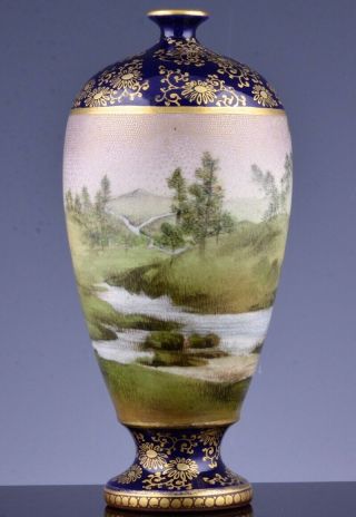 Japanese Meiji Kinkozan Satsuma Gold & Blue Enamel Figural Landscape Vase