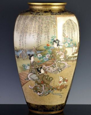 & Large Japanese Kinkozan Satsuma Gold Gilt Blue Enamel Landscape Vase