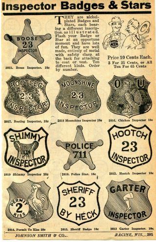1929 Small Print Ad Toy Inspector Badges & Stars Boose Bootleg Moonshine Police