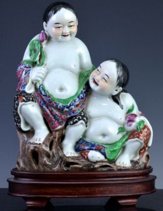 Fine Quality Chinese Famille Rose Erxian Hehe Twin Boys Porcelain Figures 2