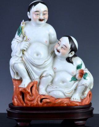 Fine Quality Chinese Famille Rose Erxian Hehe Twin Boys Porcelain Figures Marks1