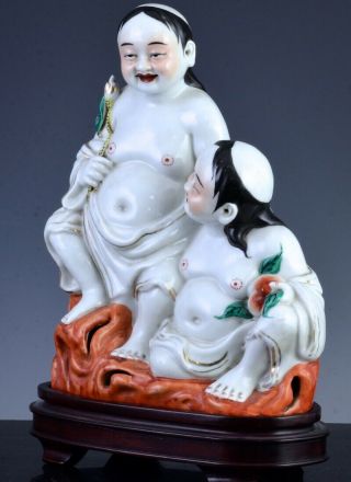 FINE QUALITY CHINESE FAMILLE ROSE ERXIAN HEHE TWIN BOYS PORCELAIN FIGURES MARKS1 2