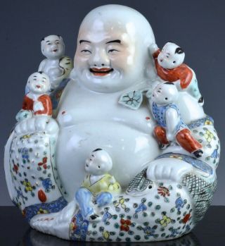 Fine Old Chinese Famille Rose Enamel Happy Buddha W Children Porcelain Figure 2