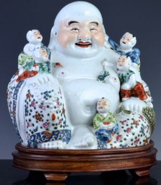 Fine Old Chinese Famille Rose Enamel Happy Buddha W Children Porcelain Figure 1