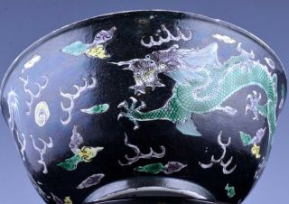 VERY RARE CHINESE GUANGXU MARK & PERIOD FAMILLE VERTE NOIR IMPERIAL DRAGON BOWL 4