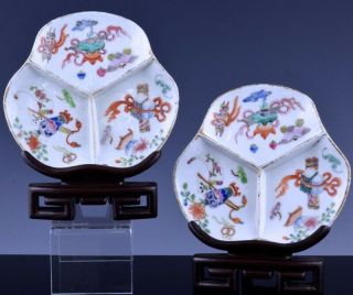 2rare Chinese Daoguang Mark & Period Famille Rose Precious Object Divided Dishes
