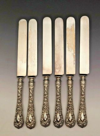 Chrysanthemum By Durgin Sterling Silver Group 6 Dinner Knives 9 7/8 ",  Mono S
