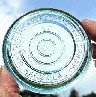 Scarce Antique Hero Cross Hfj & Co Aqua Mason Jar Glass Lid Insert,