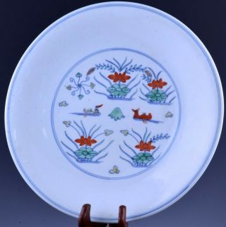 Very Rare 19thc Chinese Doucai Enamel Bird Landscape “lotus Pond” Dish Plate 2