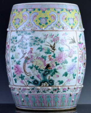 Fine Large C1880 Chinese Famille Rose Enamel Birds & Precious Object Garden Seat