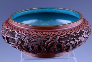 Finely Carved Antique Chinese Cinnabar Lacquer Bronze Censer Brush Washer Bowl