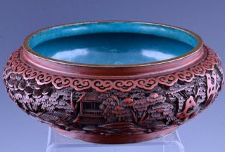 FINELY CARVED ANTIQUE CHINESE CINNABAR LACQUER BRONZE CENSER BRUSH WASHER BOWL 2