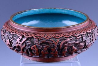 FINELY CARVED ANTIQUE CHINESE CINNABAR LACQUER BRONZE CENSER BRUSH WASHER BOWL 3